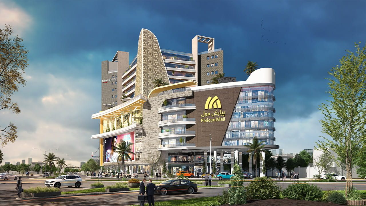 Pelican Mall exterior render, wide street-level view under a dramatic sky
