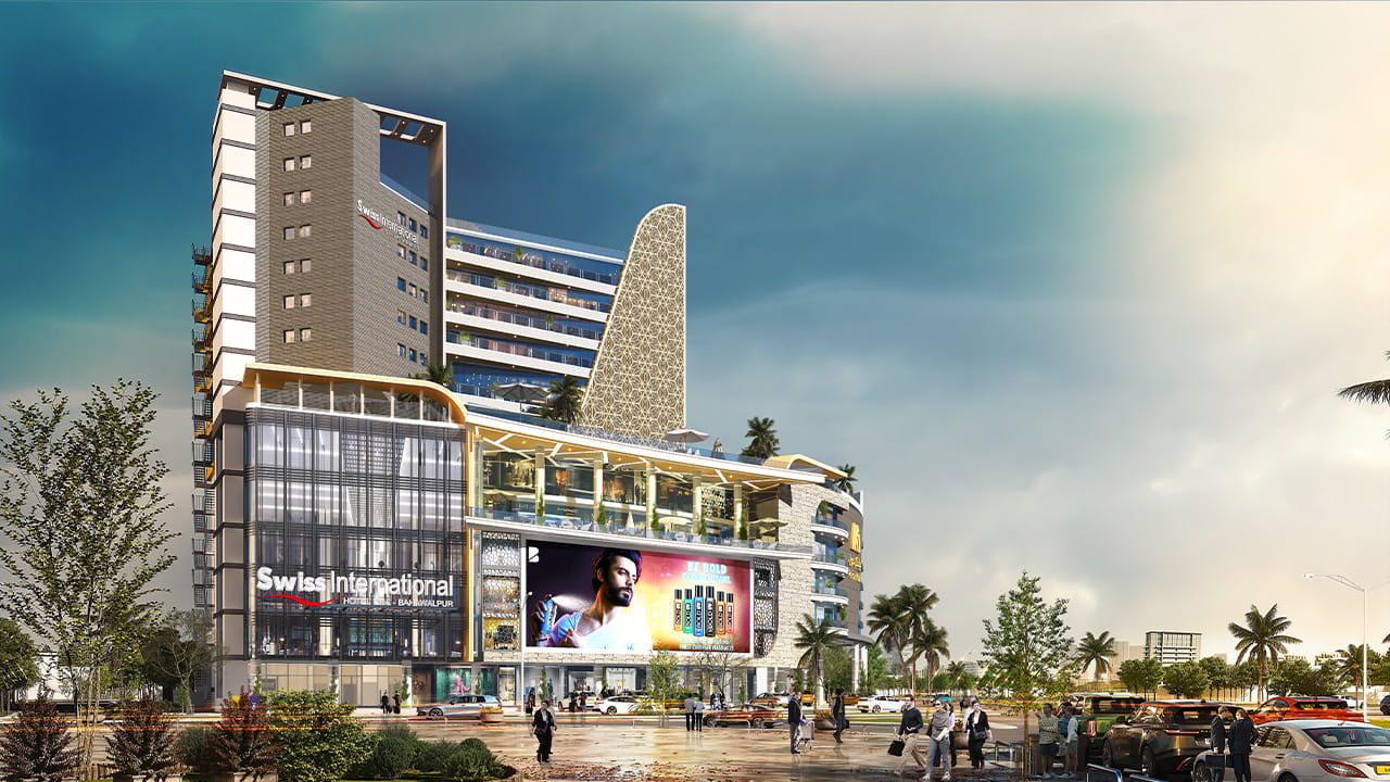 Swiss International Hotel exterior render, wide 16:9 view